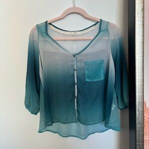 Boxy teal to white ombre button up top, size M